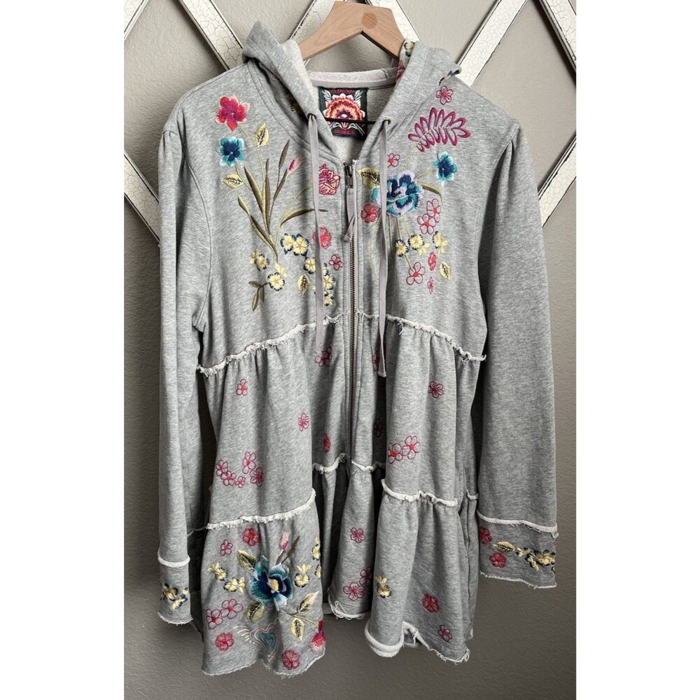 Johnny Was Women's L/XL Jessi Tiered Full Zip Hoodie Embroidered Floral - Gray